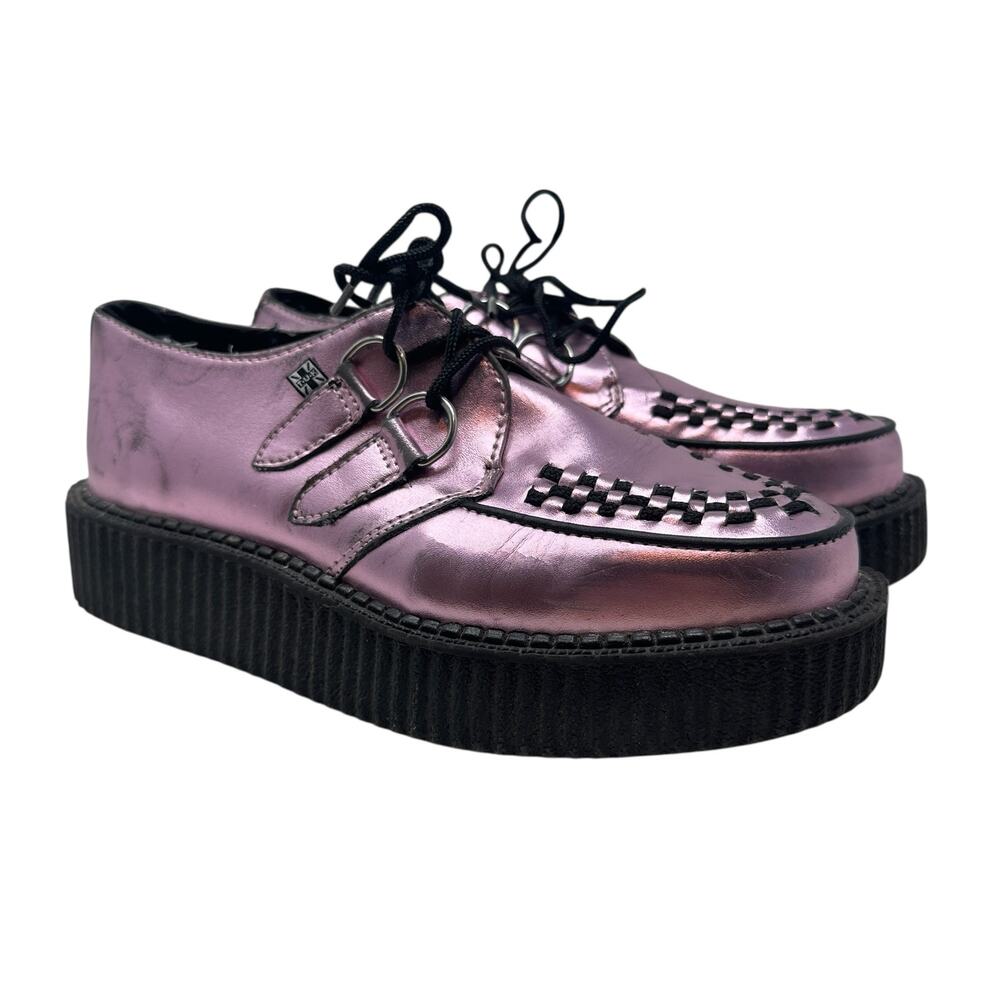 T.U.K. Viva Low Creepers Pink Metallic Round Toe Platform‎ Shoes Women 8 Goth